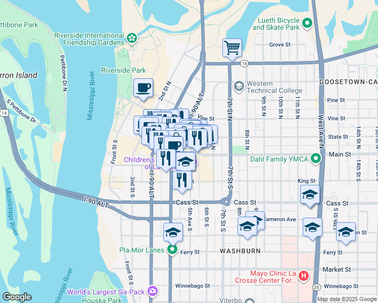 map of restaurants, bars, coffee shops, grocery stores, and more near 501 Main Street in La Crosse