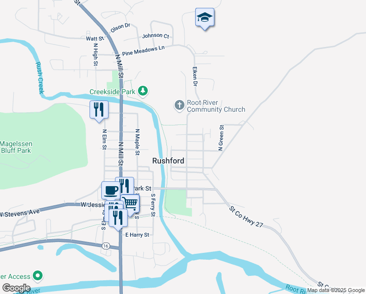 map of restaurants, bars, coffee shops, grocery stores, and more near 411 East Grove Street in Rushford