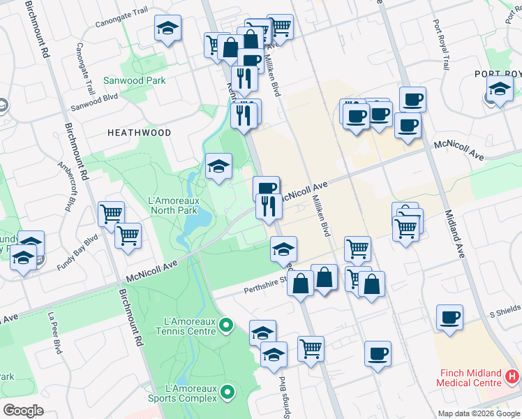 map of restaurants, bars, coffee shops, grocery stores, and more near 1883 McNicoll Avenue in Toronto