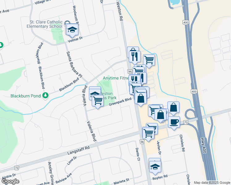 map of restaurants, bars, coffee shops, grocery stores, and more near 222 Fifth Avenue in Vaughan