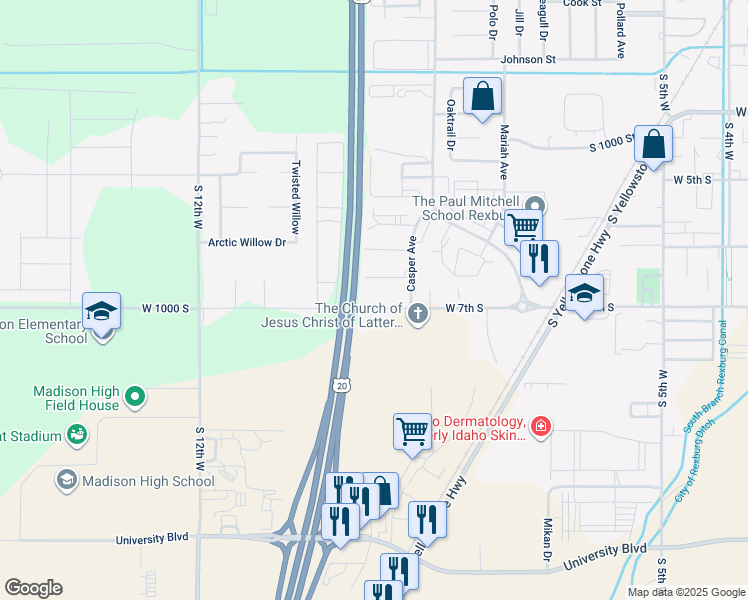 map of restaurants, bars, coffee shops, grocery stores, and more near 906 West 7th South in Rexburg