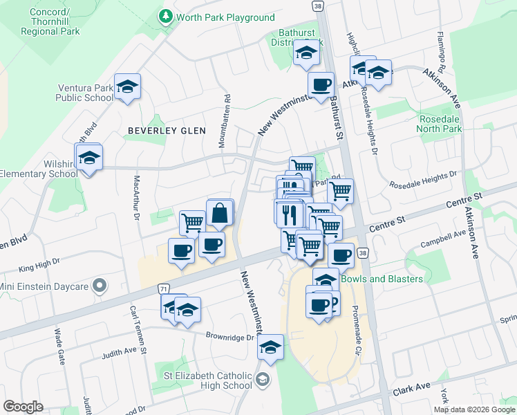 map of restaurants, bars, coffee shops, grocery stores, and more near in Vaughan