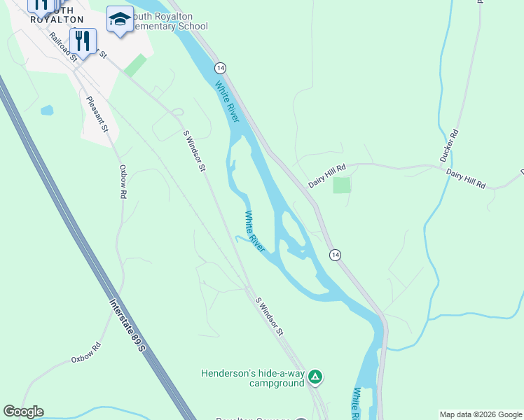 map of restaurants, bars, coffee shops, grocery stores, and more near 134 Riverside Lane in Royalton