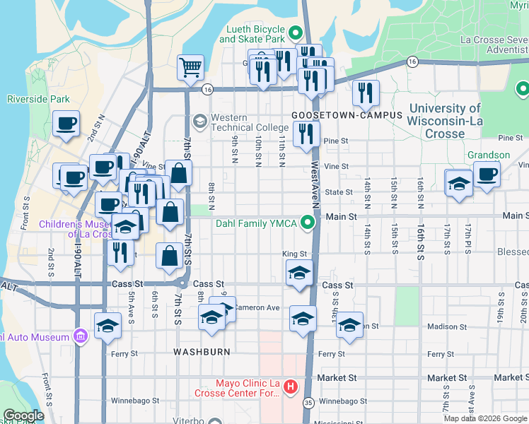 map of restaurants, bars, coffee shops, grocery stores, and more near 102 10th Street North in La Crosse