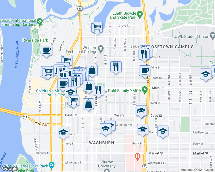 map of restaurants, bars, coffee shops, grocery stores, and more near 801 Main Street in La Crosse