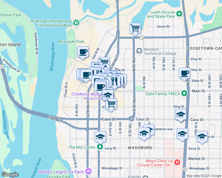 map of restaurants, bars, coffee shops, grocery stores, and more near in La Crosse