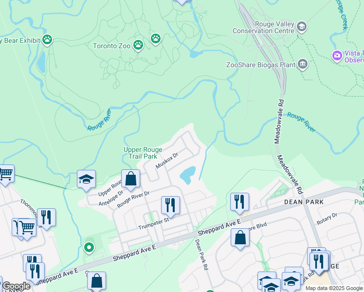 map of restaurants, bars, coffee shops, grocery stores, and more near 16 Wolverine Way in Toronto
