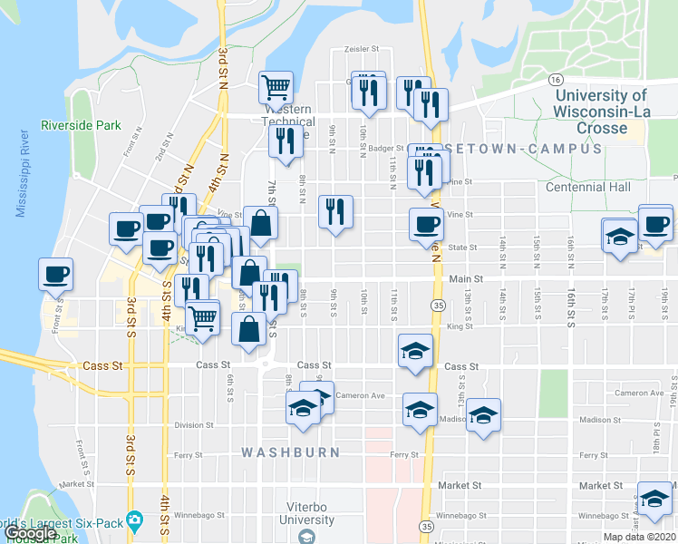 map of restaurants, bars, coffee shops, grocery stores, and more near 903 Main Street in La Crosse