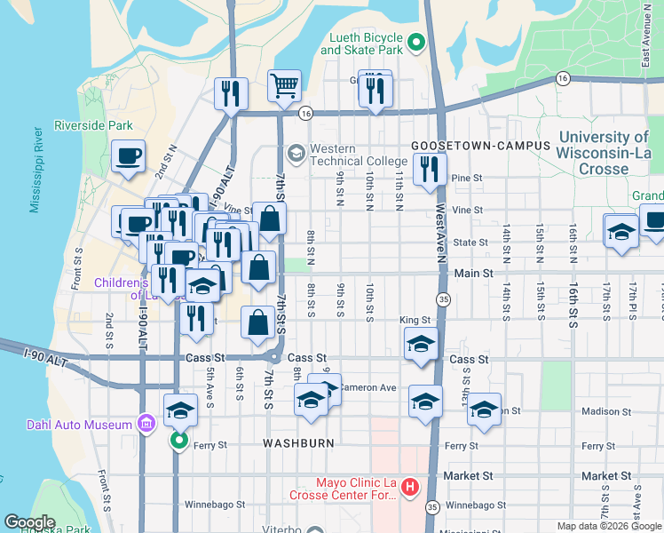 map of restaurants, bars, coffee shops, grocery stores, and more near 831 Main Street in La Crosse