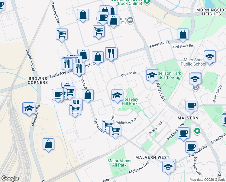 map of restaurants, bars, coffee shops, grocery stores, and more near 111 Bradstone Square in Toronto