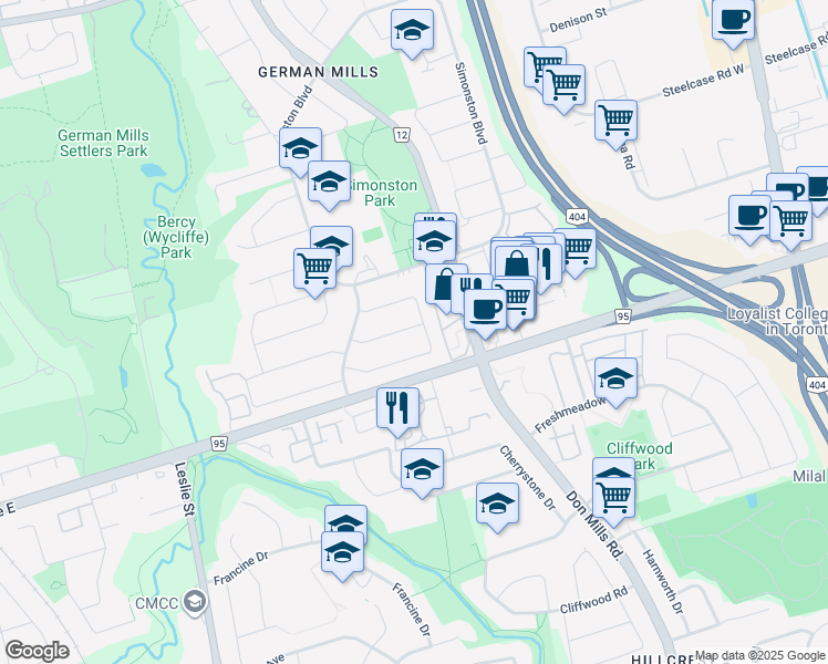 map of restaurants, bars, coffee shops, grocery stores, and more near 37 Ravengloss Drive in Markham