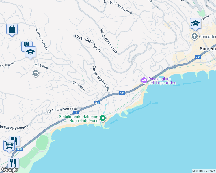 map of restaurants, bars, coffee shops, grocery stores, and more near 599 Corso degli Inglesi in Sanremo