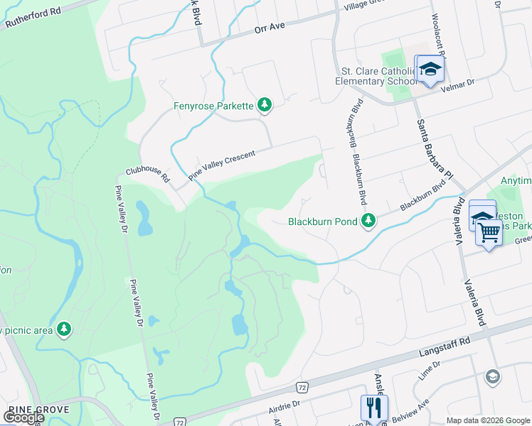 map of restaurants, bars, coffee shops, grocery stores, and more near 58 Bucks Place in Vaughan