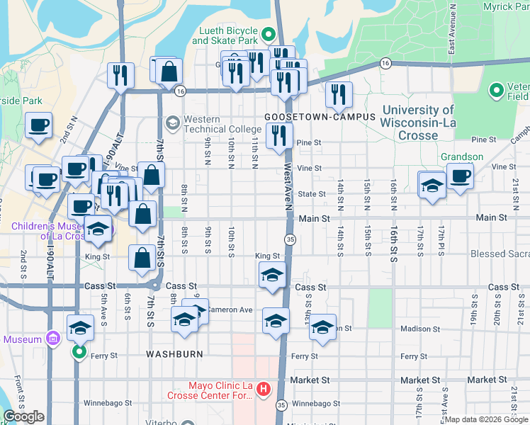 map of restaurants, bars, coffee shops, grocery stores, and more near 1113 Main Street in La Crosse