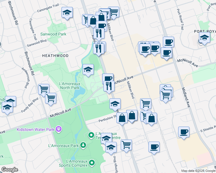 map of restaurants, bars, coffee shops, grocery stores, and more near 1883 McNicoll Avenue in Toronto