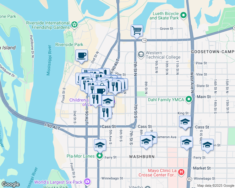 map of restaurants, bars, coffee shops, grocery stores, and more near in La Crosse