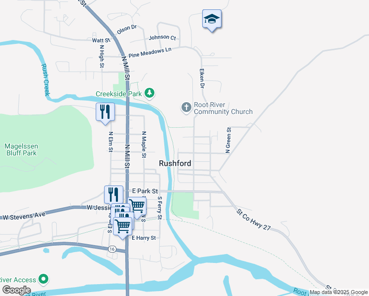map of restaurants, bars, coffee shops, grocery stores, and more near 411 East Grove Street in Rushford
