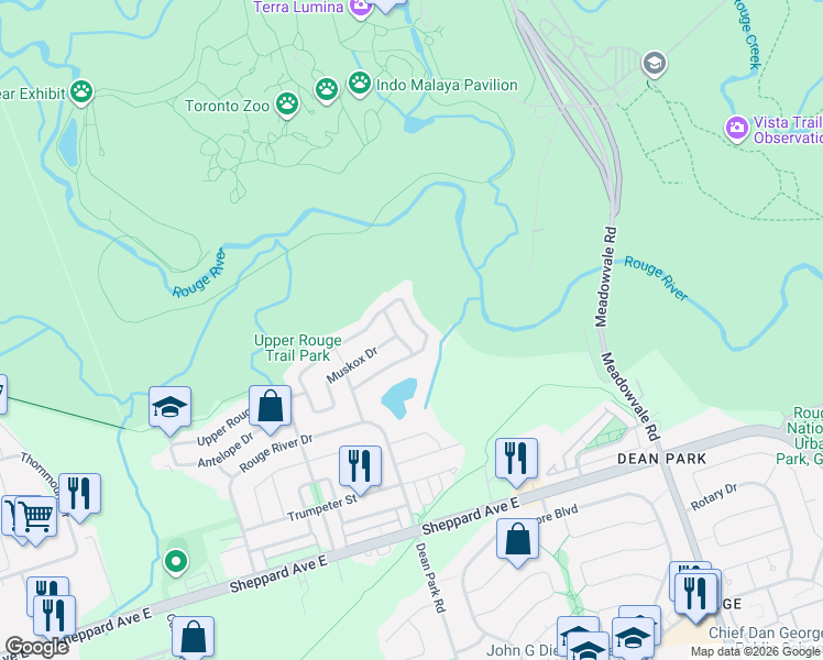 map of restaurants, bars, coffee shops, grocery stores, and more near 101 Meandering Trail in Toronto