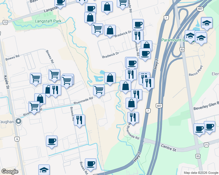 map of restaurants, bars, coffee shops, grocery stores, and more near 150 Rivermede Road in Vaughan