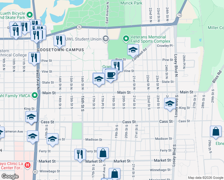 map of restaurants, bars, coffee shops, grocery stores, and more near 103 19th Street North in La Crosse