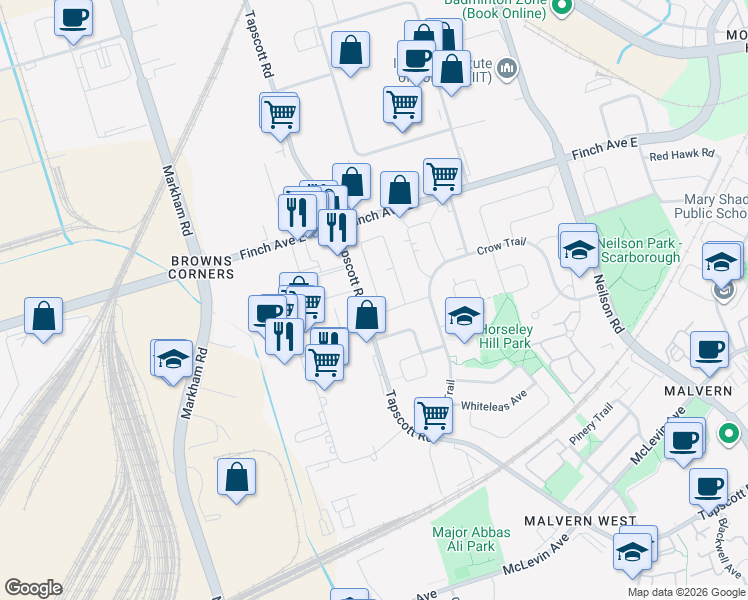 map of restaurants, bars, coffee shops, grocery stores, and more near 30 Crittenden Square in Toronto