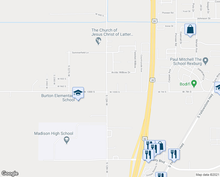 map of restaurants, bars, coffee shops, grocery stores, and more near 691 South 12th West in Rexburg