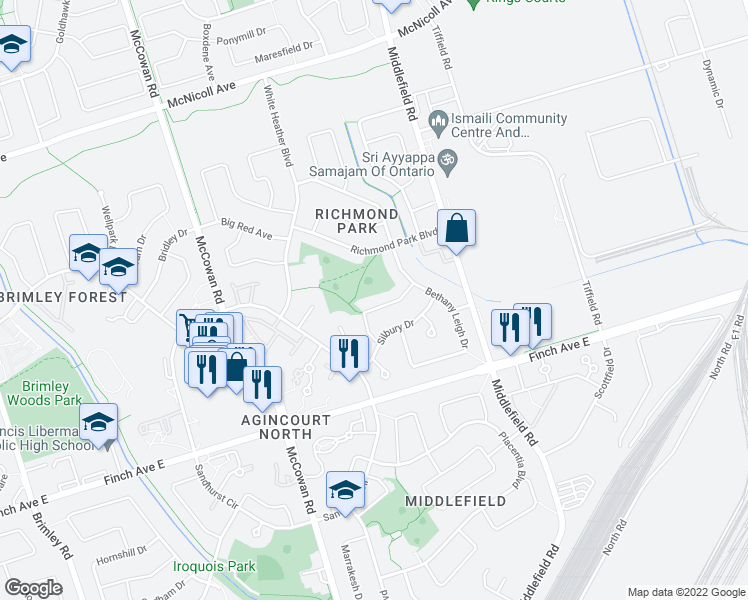 map of restaurants, bars, coffee shops, grocery stores, and more near 40 Whitley Castle Crescent in Toronto