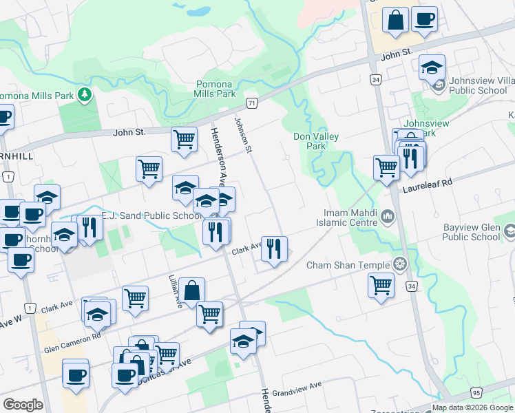 map of restaurants, bars, coffee shops, grocery stores, and more near 30 Vanwood Road in Markham