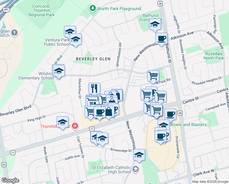 map of restaurants, bars, coffee shops, grocery stores, and more near 18 Miriam Garden Way in Vaughan