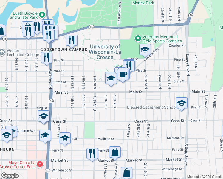 map of restaurants, bars, coffee shops, grocery stores, and more near 1707 Main Street in La Crosse