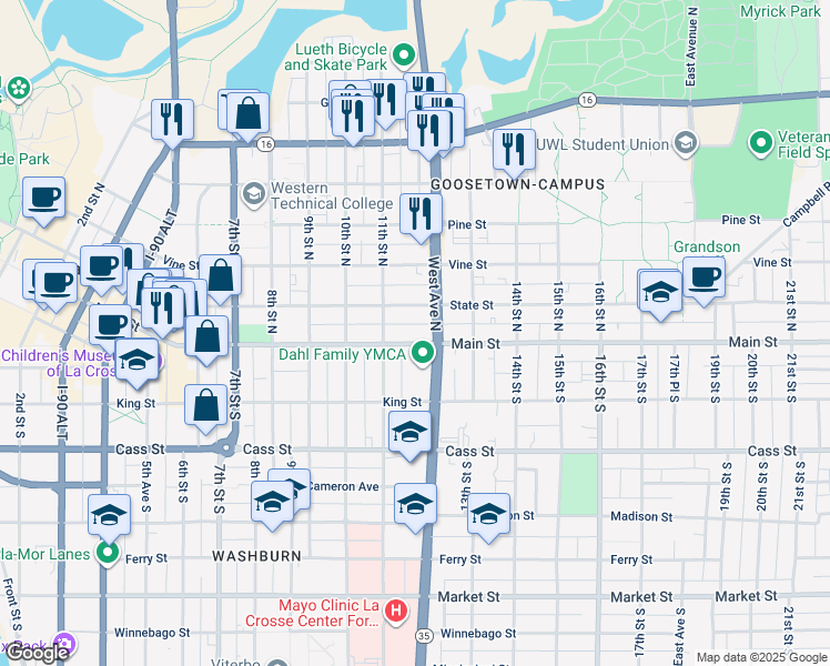 map of restaurants, bars, coffee shops, grocery stores, and more near 1113 Main Street in La Crosse