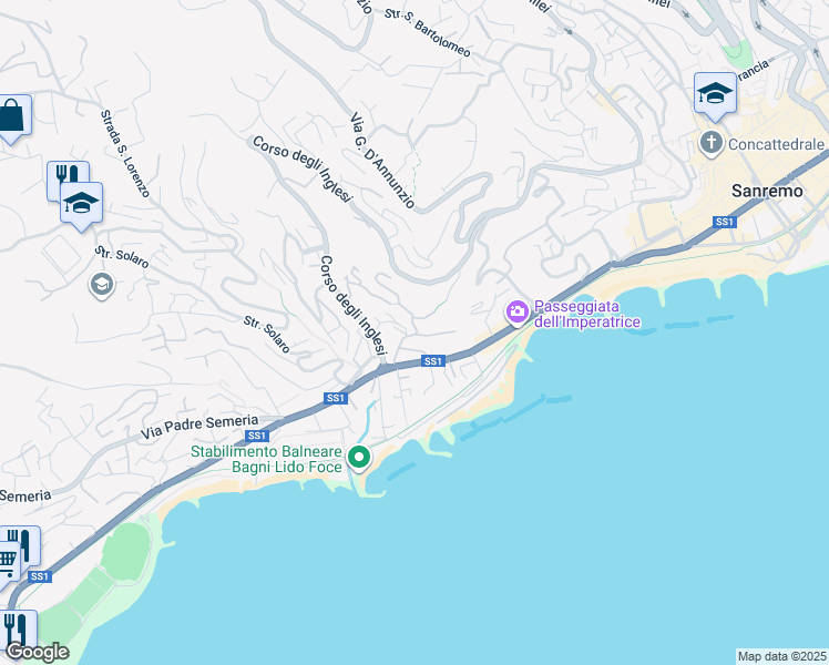 map of restaurants, bars, coffee shops, grocery stores, and more near 13 Via Hope in Sanremo