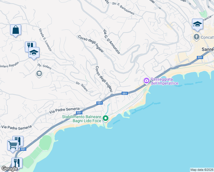map of restaurants, bars, coffee shops, grocery stores, and more near 599 Corso degli Inglesi in Sanremo