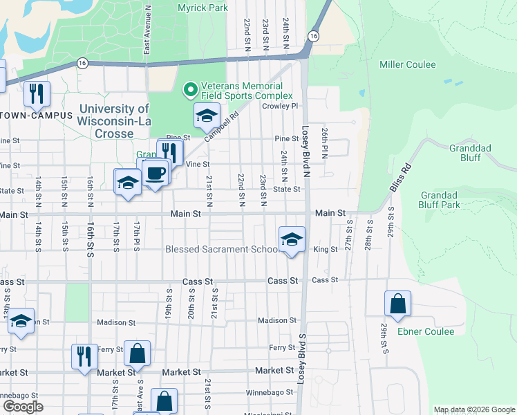 map of restaurants, bars, coffee shops, grocery stores, and more near 2215 Main Street in La Crosse