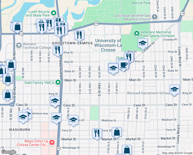 map of restaurants, bars, coffee shops, grocery stores, and more near 1525 Main St in La Crosse