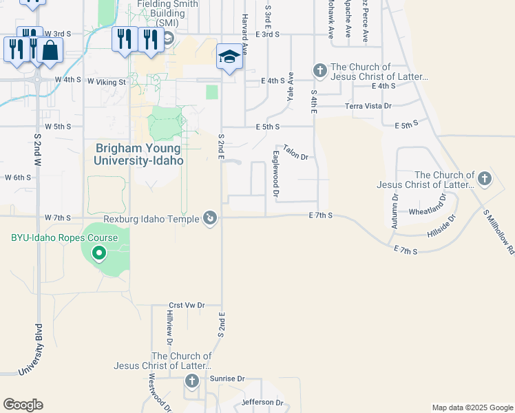 map of restaurants, bars, coffee shops, grocery stores, and more near 291 East 7th South in Rexburg