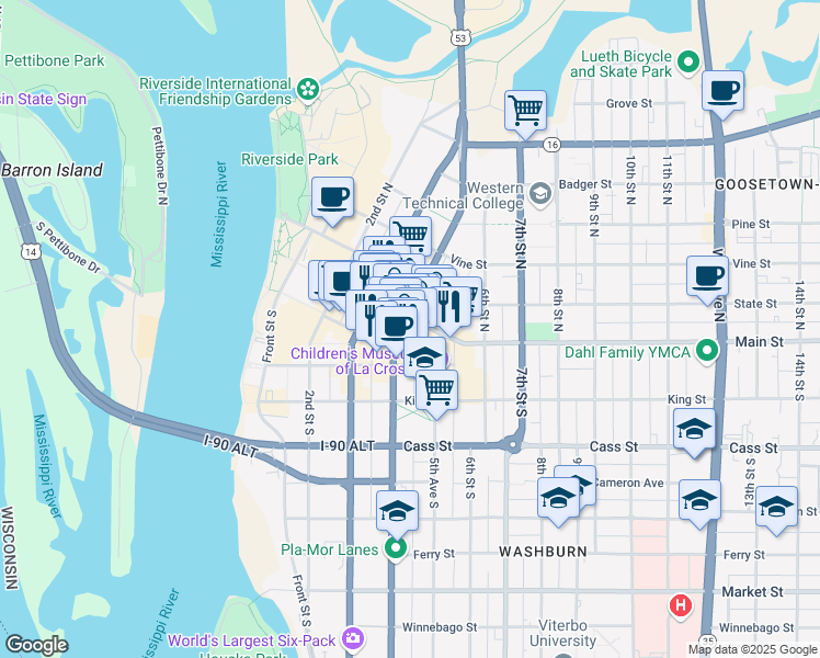 map of restaurants, bars, coffee shops, grocery stores, and more near 400 Main Street in La Crosse