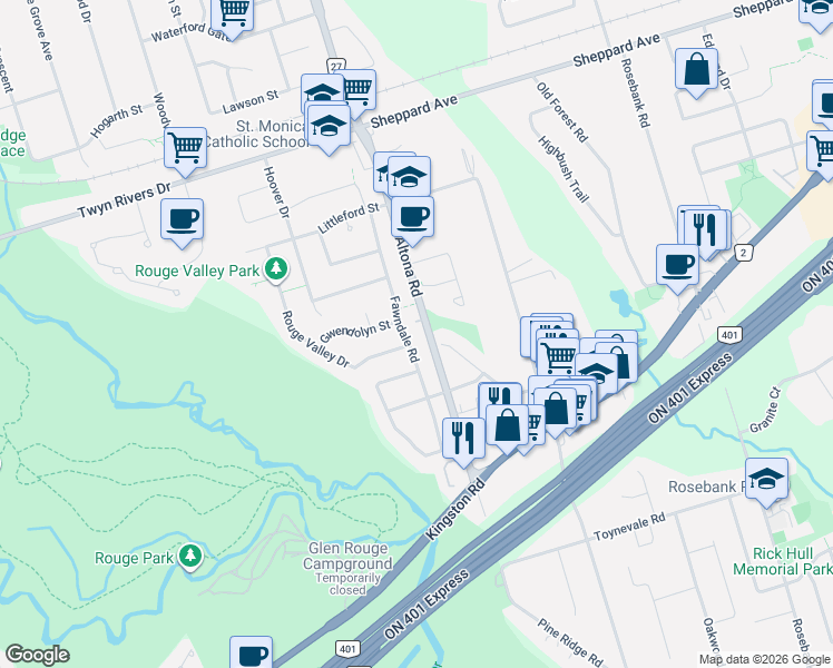 map of restaurants, bars, coffee shops, grocery stores, and more near in Pickering