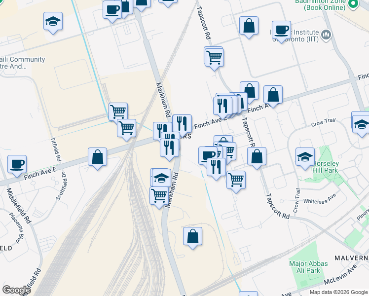 map of restaurants, bars, coffee shops, grocery stores, and more near in Toronto