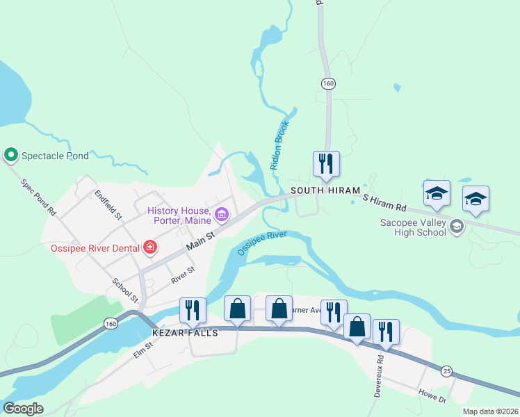 map of restaurants, bars, coffee shops, grocery stores, and more near 111 Main Street in Porter