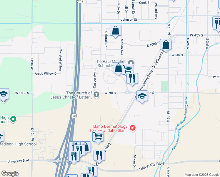 map of restaurants, bars, coffee shops, grocery stores, and more near 820 West 7th South in Rexburg