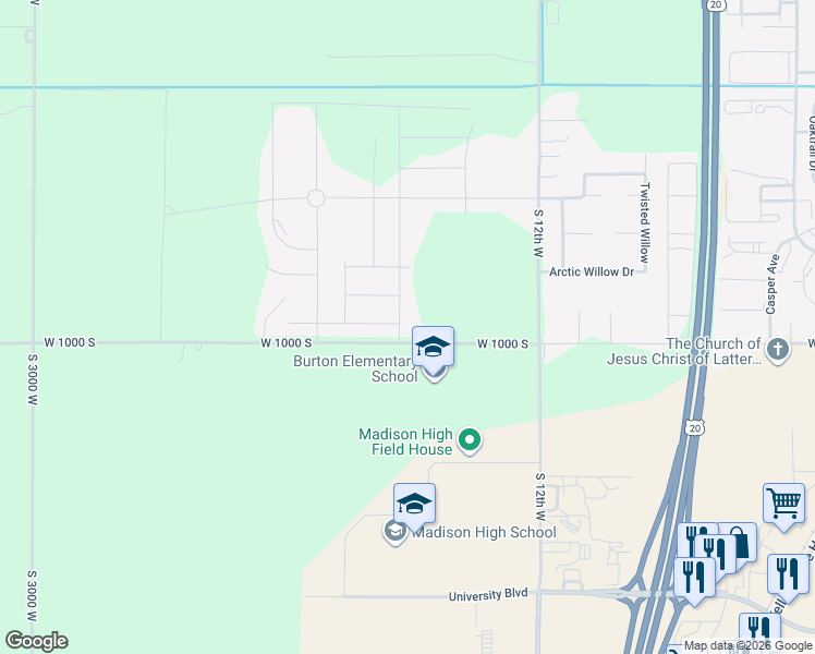 map of restaurants, bars, coffee shops, grocery stores, and more near 964 South 2275 West in Rexburg