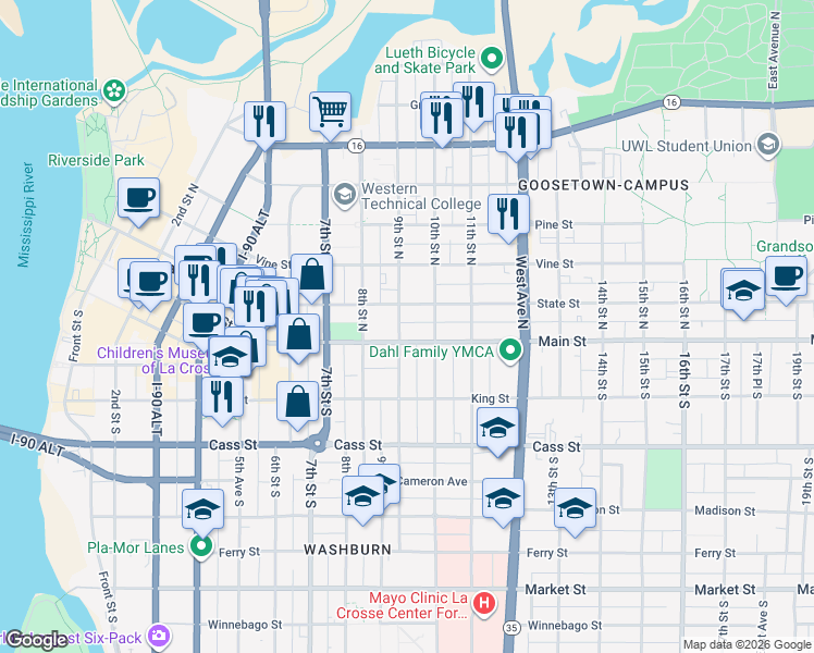 map of restaurants, bars, coffee shops, grocery stores, and more near 116 9th Street North in La Crosse