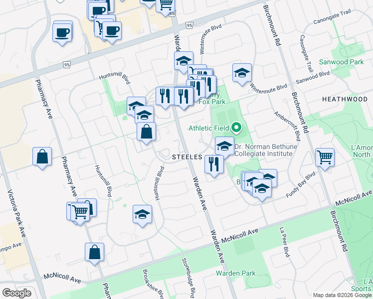 map of restaurants, bars, coffee shops, grocery stores, and more near 7647 Warden Avenue in Toronto
