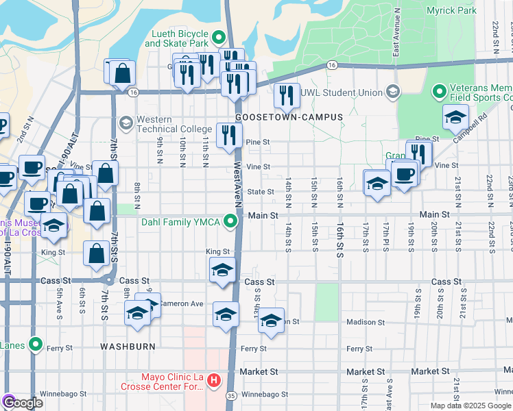 map of restaurants, bars, coffee shops, grocery stores, and more near 111 13th Street North in La Crosse
