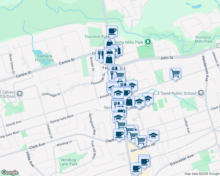 map of restaurants, bars, coffee shops, grocery stores, and more near 7608 Yonge Street in Vaughan