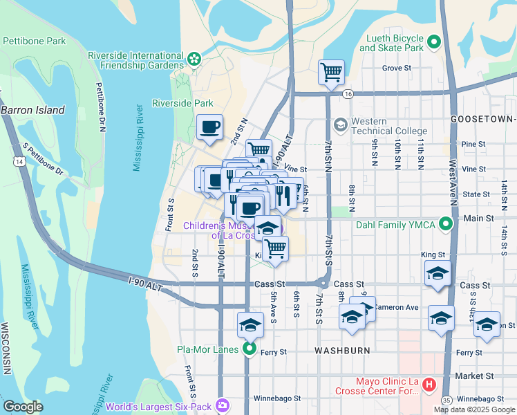 map of restaurants, bars, coffee shops, grocery stores, and more near 400 Main Street in La Crosse