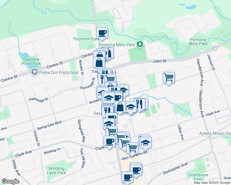 map of restaurants, bars, coffee shops, grocery stores, and more near 16 Elgin Street in Markham