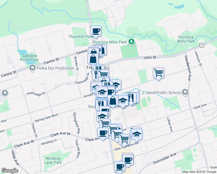 map of restaurants, bars, coffee shops, grocery stores, and more near 16 Elgin Street in Markham
