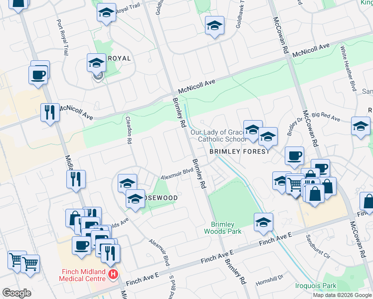 map of restaurants, bars, coffee shops, grocery stores, and more near in Toronto
